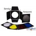 BD23 - Set coupe-flux 4 volets avec 4 filtres couleurs & grille nids d'abeilles, s'adapte sur réflecteurs de ø18 à ø23cm 