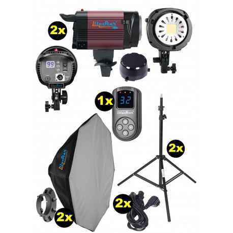 Kit éclairage studio LED, 2x LEDB-1000 Lampe LED 100W pour studio, numérique, 2x trépied 195cm, 2x boîte à lumière ø80cm, WR-L99